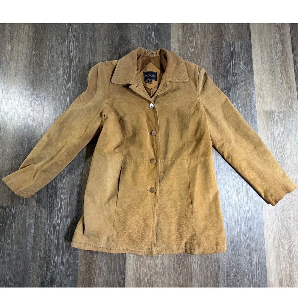 Outbrook Suede Leather Jacket Womens Medium Tan Button Up Whipstitch 5766
